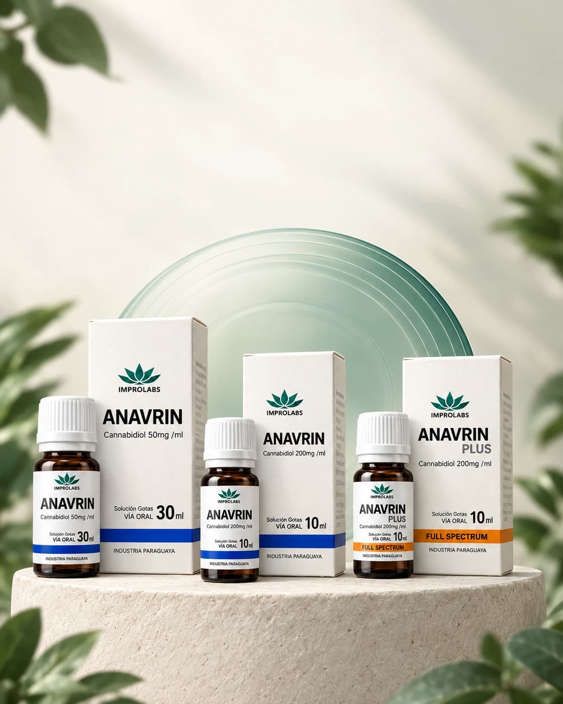 Línea Anavrin: estuches y frascos goteros de 50 mg/ml, 200 mg/ml y Plus Full Spectrum sobre un pedestal de piedra, frente a un disco de vidrio verde.