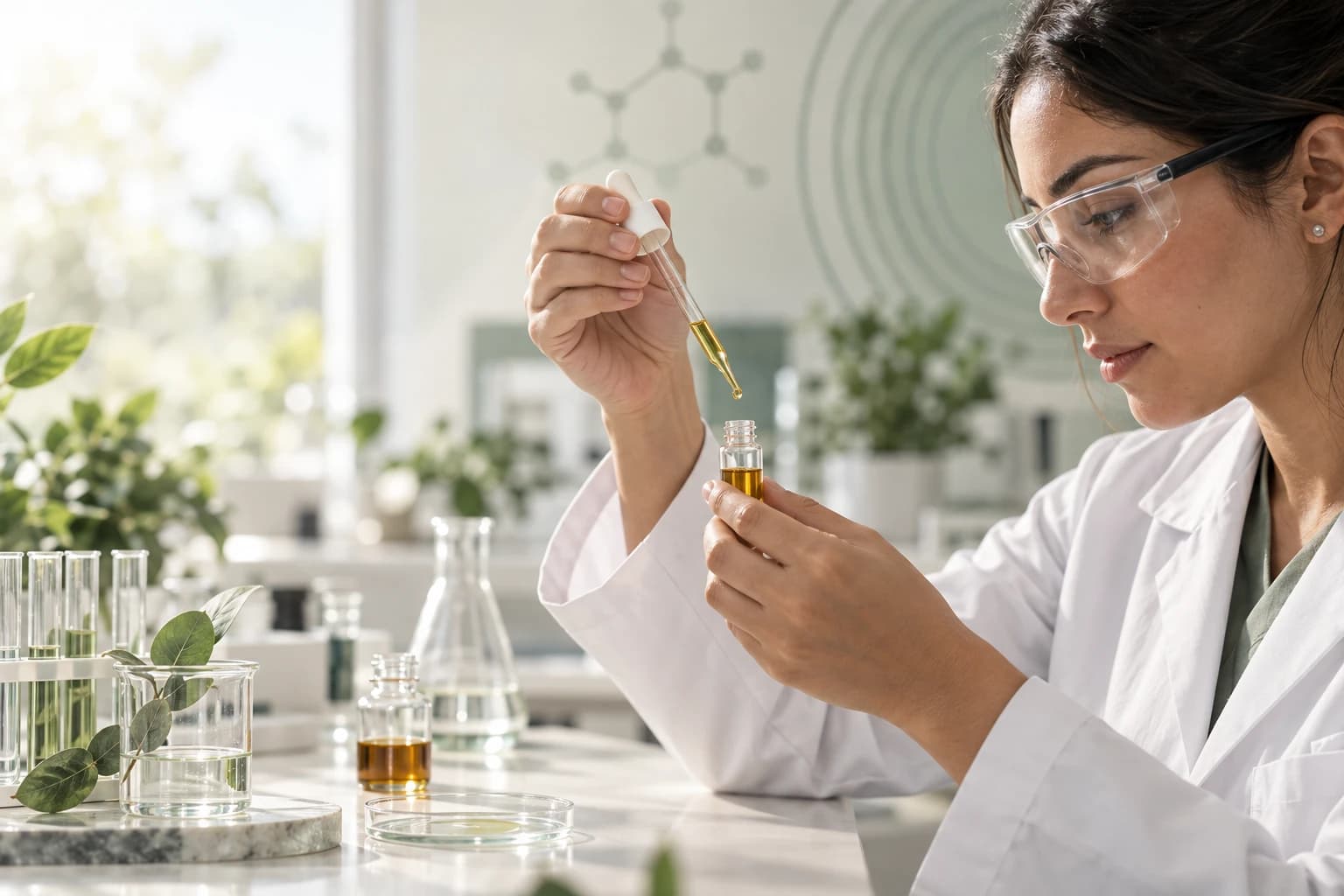 Investigadora con gafas de protección dosifica un aceite ámbar con una pipeta en un frasco pequeño, en un laboratorio luminoso con plantas.