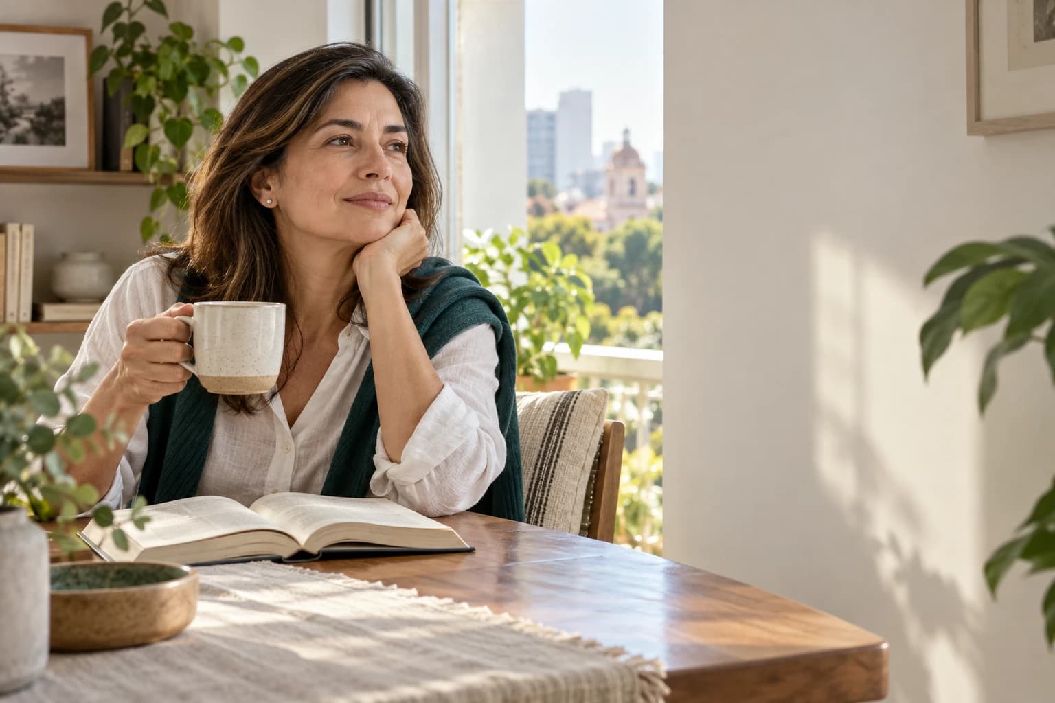 Mujer sonriente sentada junto a una ventana, con una taza en la mano y un libro abierto sobre la mesa, en un departamento luminoso con plantas.