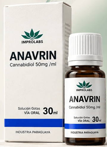 Estuche y frasco gotero ámbar de Anavrin, cannabidiol 50 mg/ml, 30 ml, con banda azul.