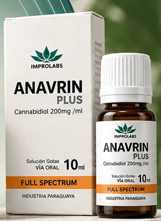 Estuche y frasco gotero ámbar de Anavrin Plus, cannabidiol 200 mg/ml, 10 ml, con banda naranja Full Spectrum.